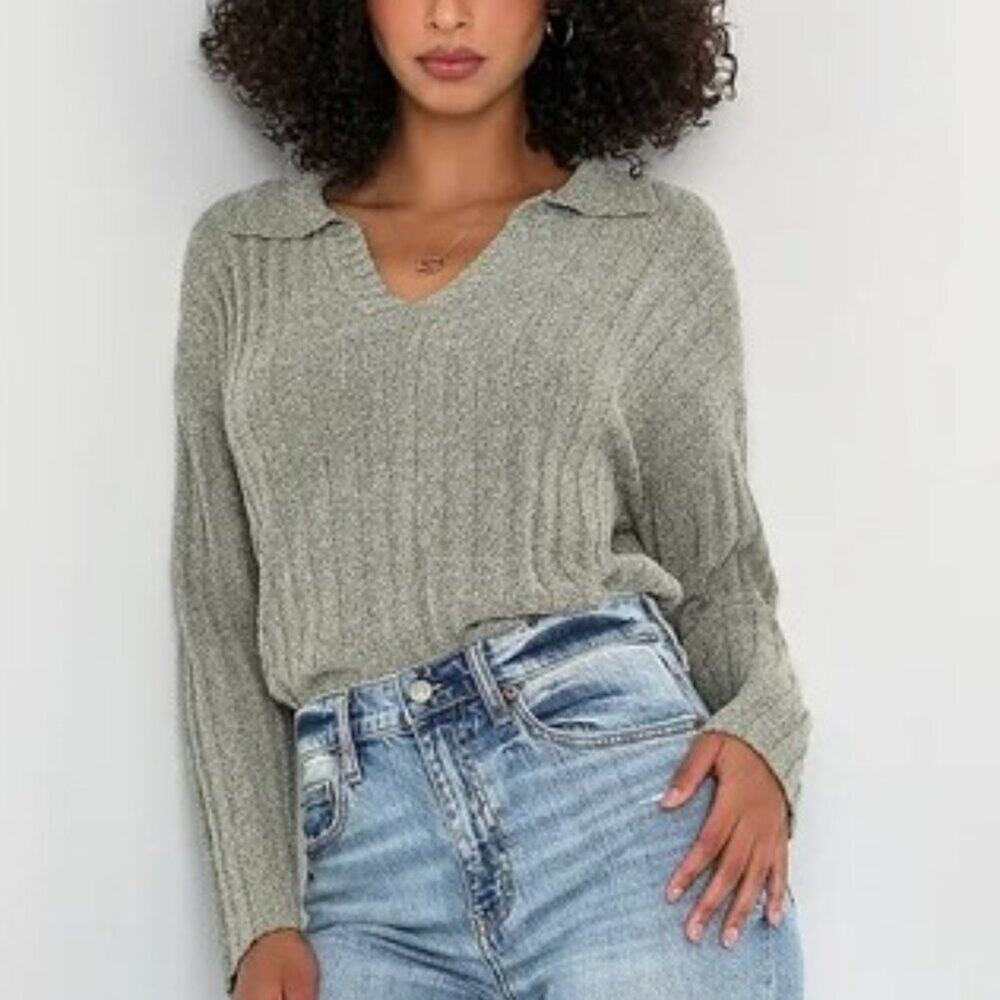 Lulus Green Knit Effortless Comfort Ribbed Collared Pullover Sweater MEDIUM